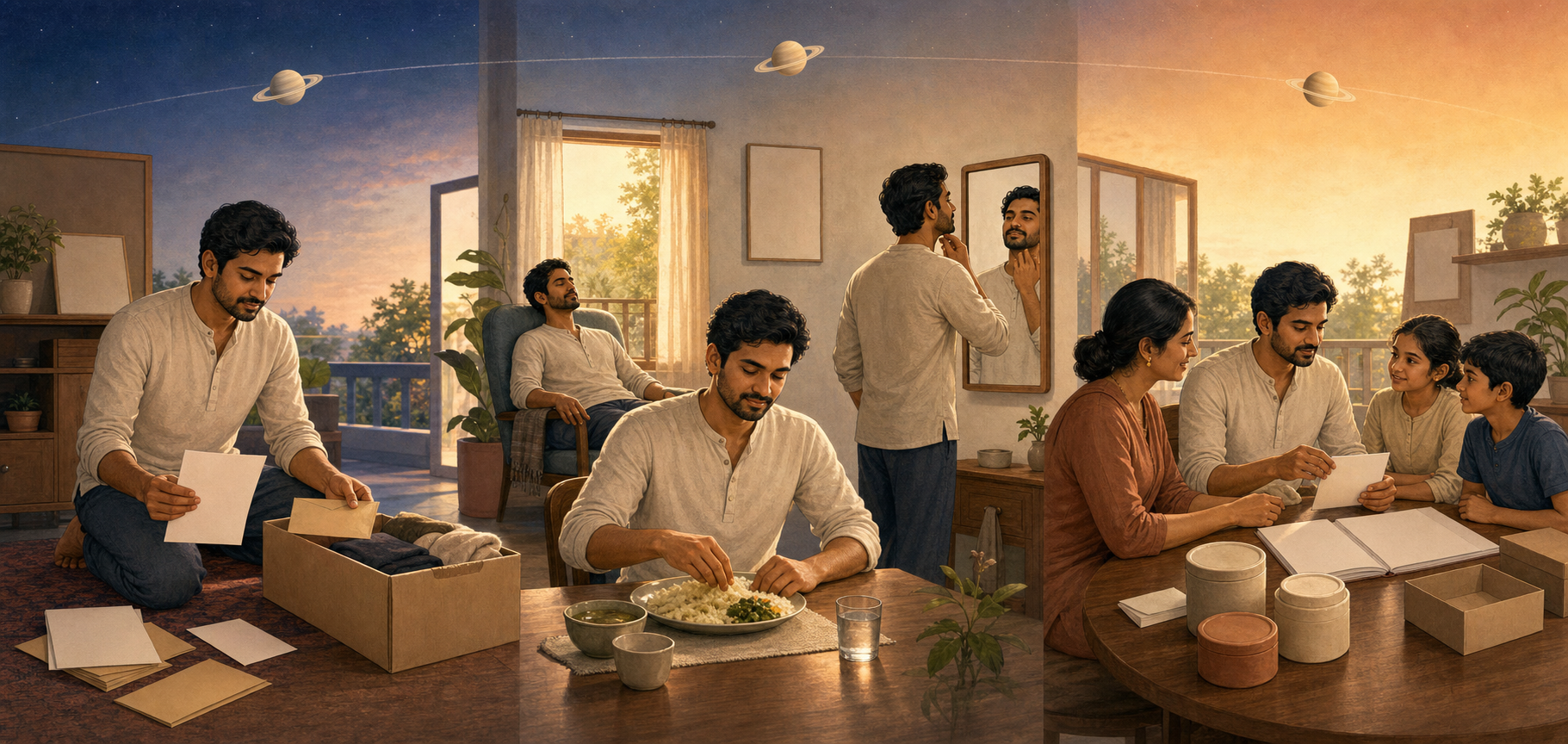 Three connected scenes show a person simplifying expenses, maintaining a health routine, and organizing finances while communicating with family.