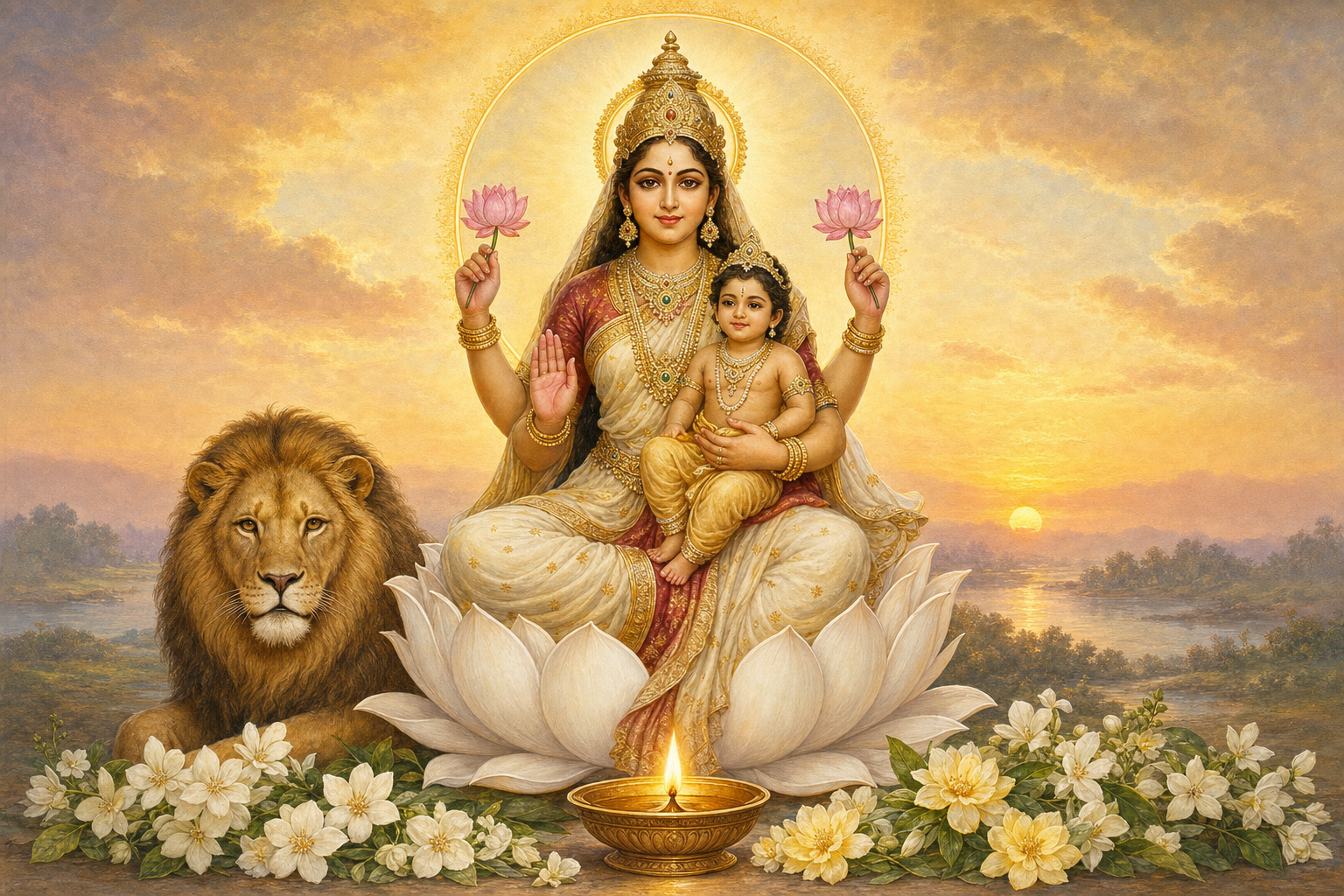 Goddess Skandamata sits on a white lotus holding the infant Skanda, with lotus flowers, a blessing hand, and a lion nearby.
