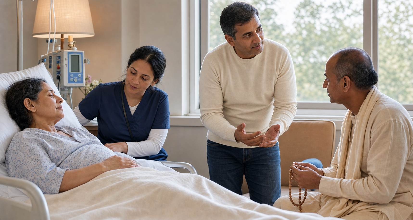 A nurse and a Vaishnava spiritual caregiver attend to a resting hospice patient while a relative stands beside the bed.