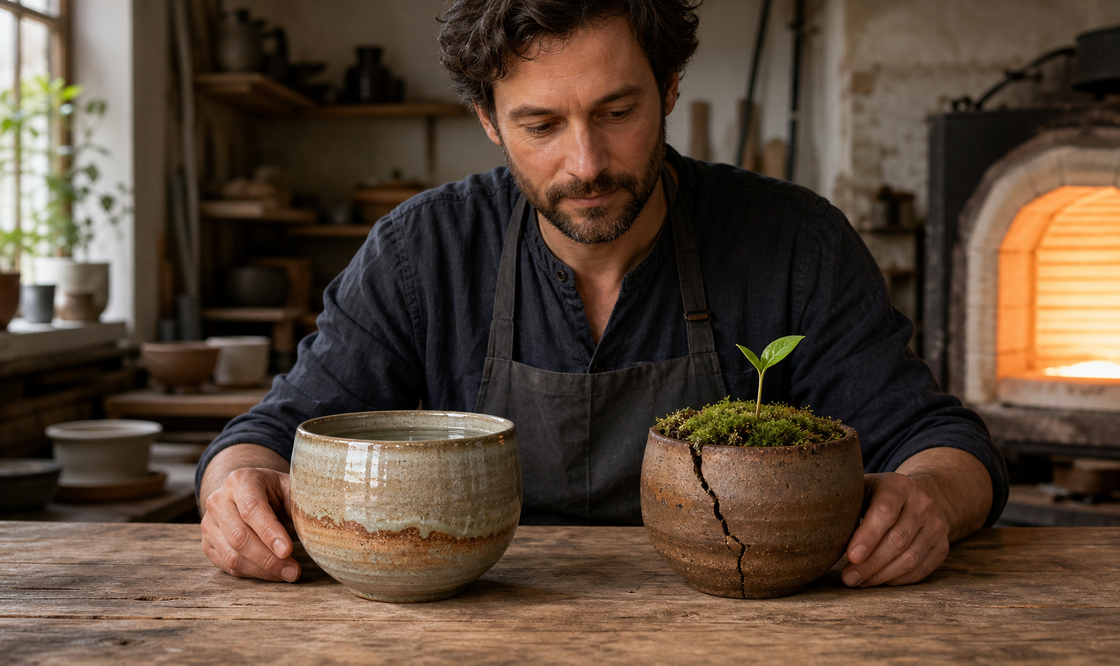 A potter places water in an intact clay vessel and a green plant in a cracked vessel after opening a kiln.