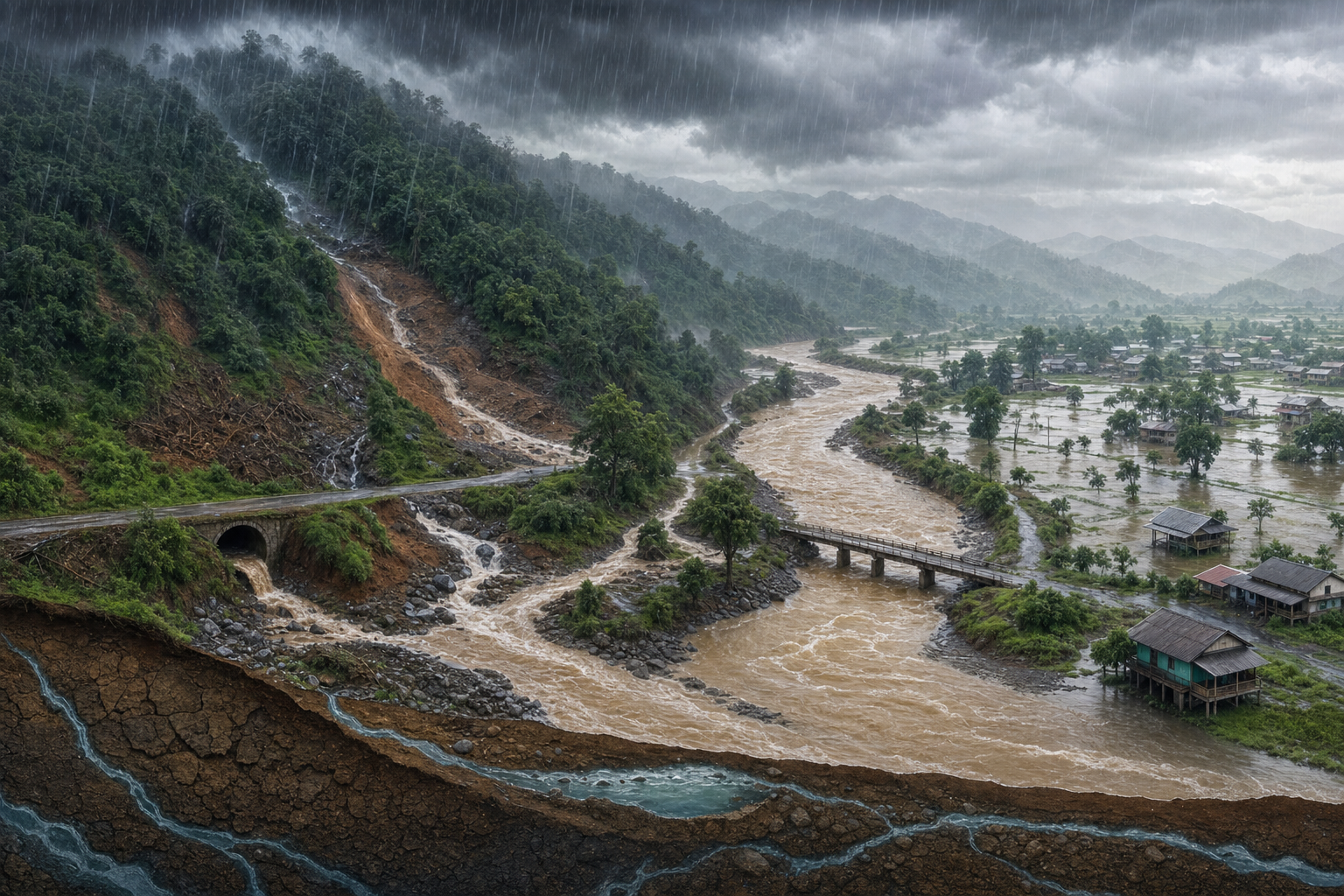 A side view of a connected watershed shows heavy rain, runoff from forested and exposed slopes, merging streams, a bridge constriction and flooding on low farmland.