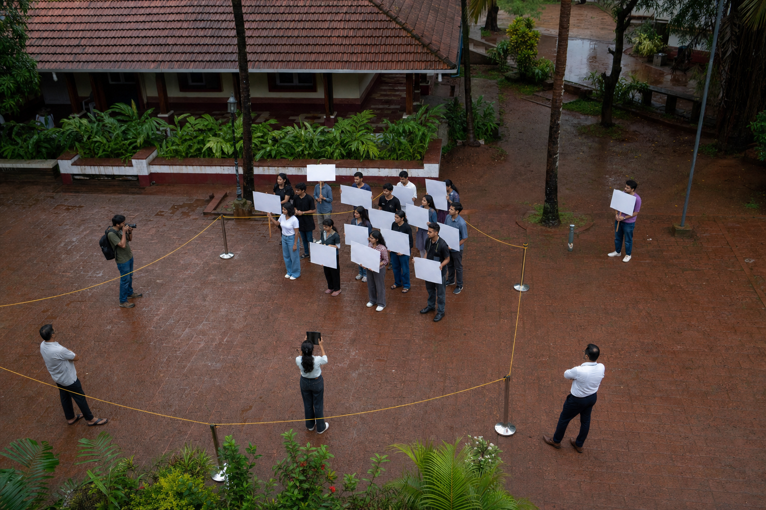 Overhead illustration of a student demonstration with blank placards, a separate placard holder at the edge, a journalist, an observer, and an official.