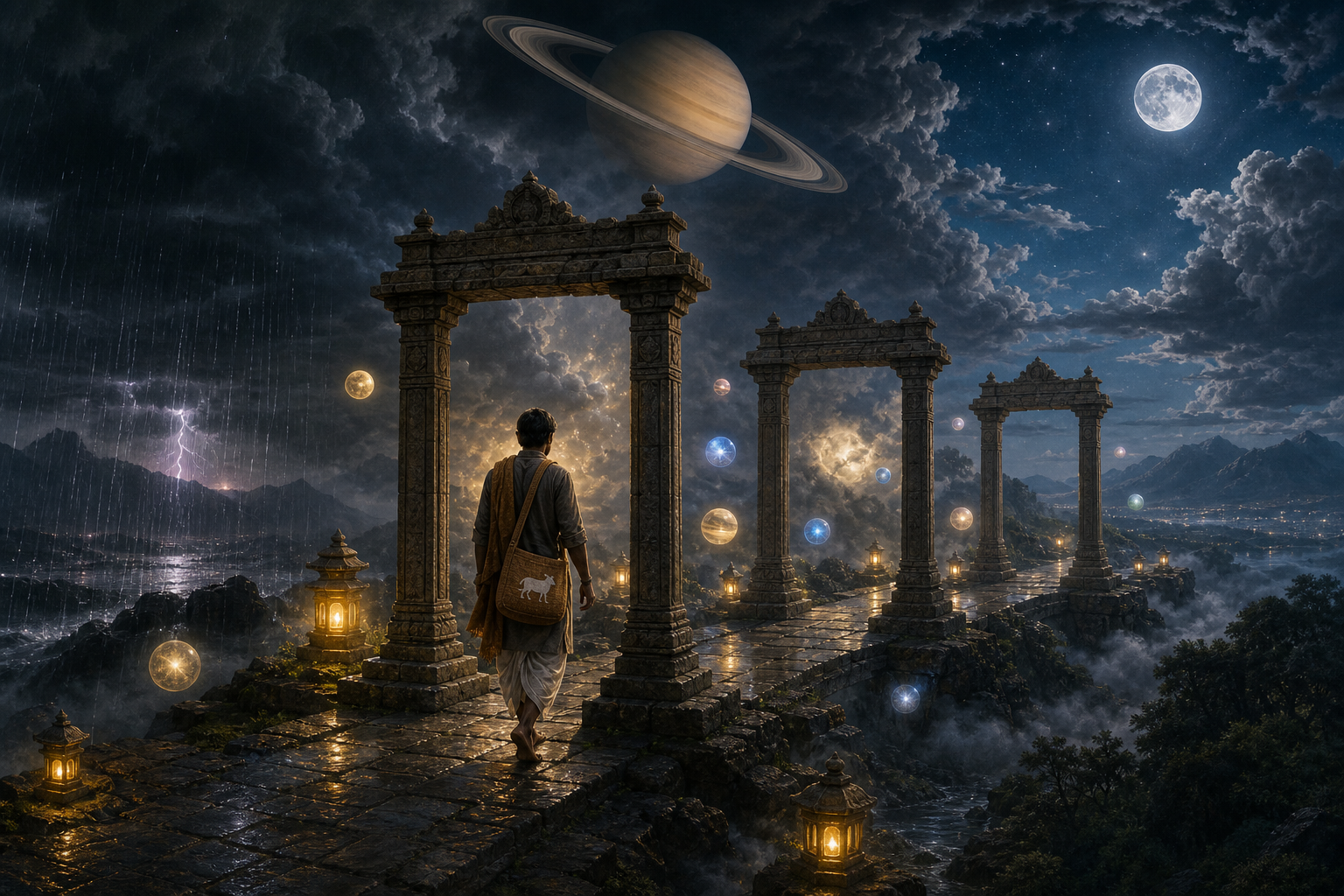 A traveler crosses three fixed stone gateways while planetary lights, clouds, and clear sky vary around the path.