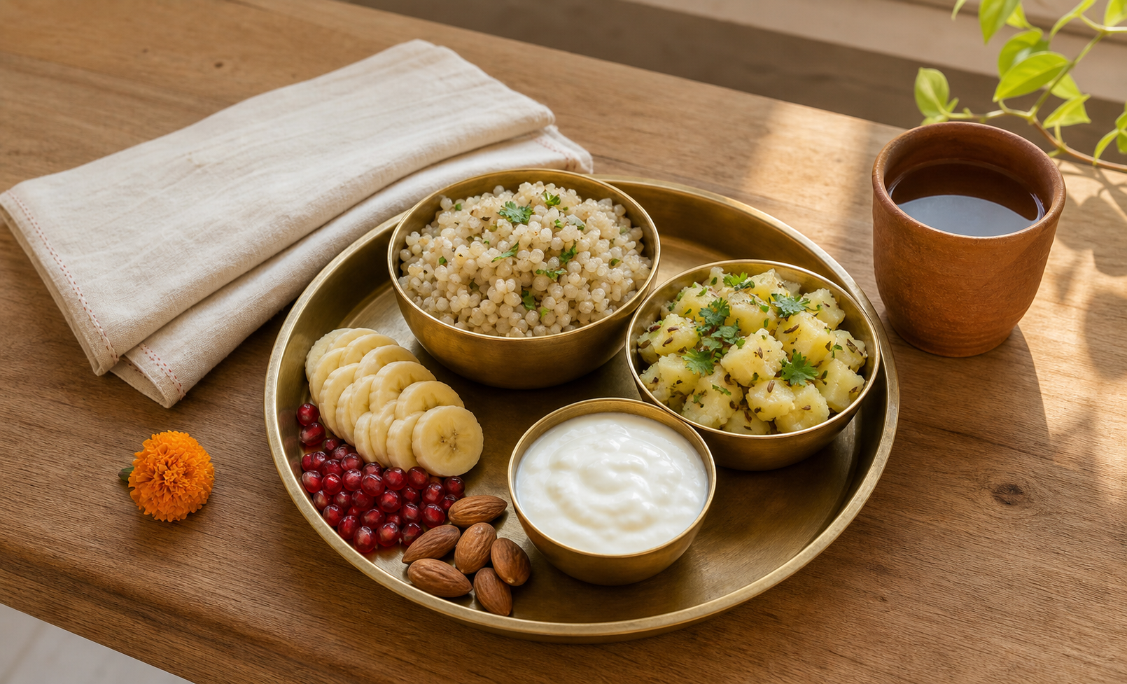 A brass thali with sama millet, cumin potatoes, yogurt, banana, pomegranate, soaked almonds, and water for a simple Navratri fast meal.