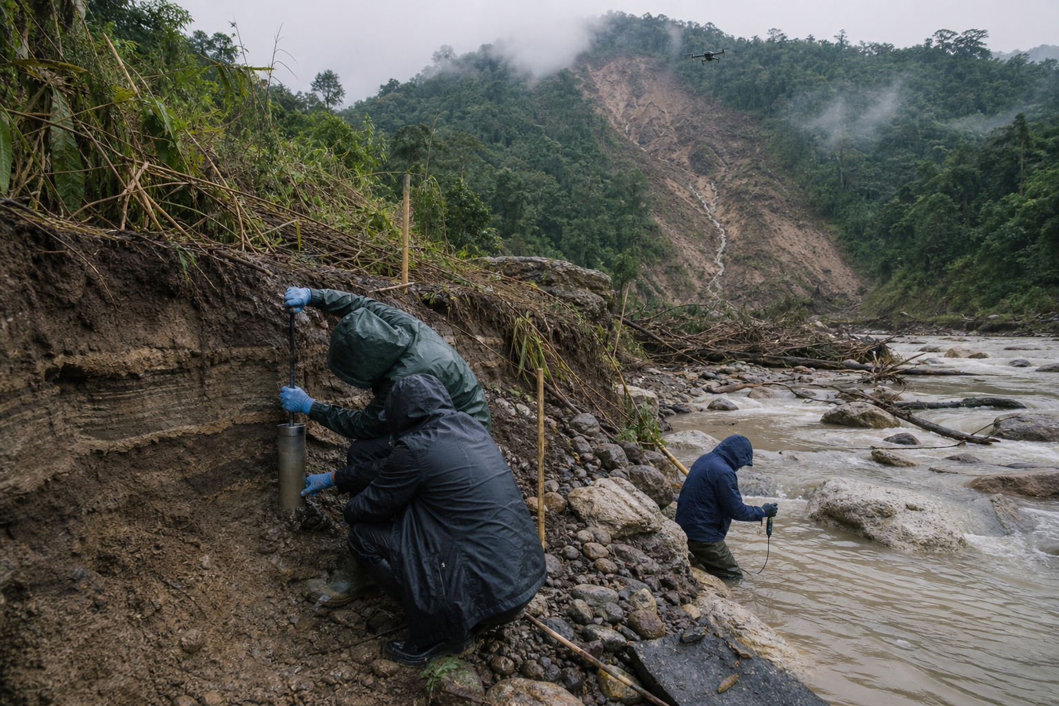 Researchers collect sediment and water samples beside a muddy hill river while a drone surveys forested and disturbed slopes after heavy rain.