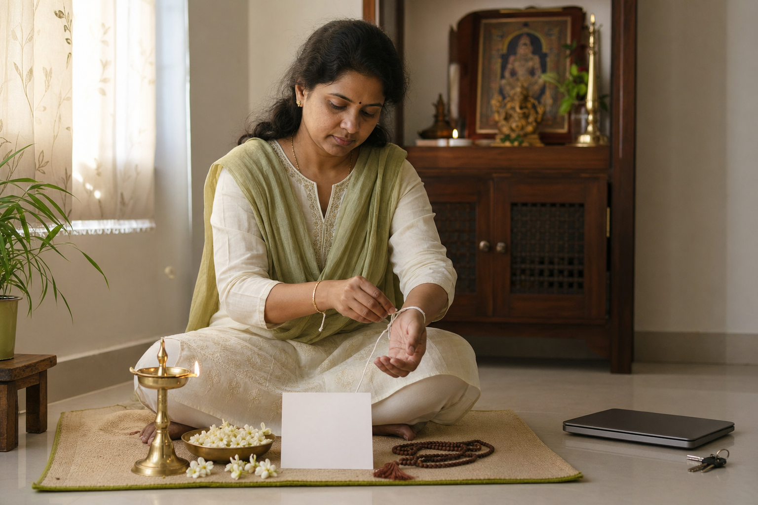 Ugadi morning preparations with a lit brass lamp, copper vessel, fruit, neem blossoms, jaggery, clean clothes, rangoli, and a mango-leaf doorway decoration.