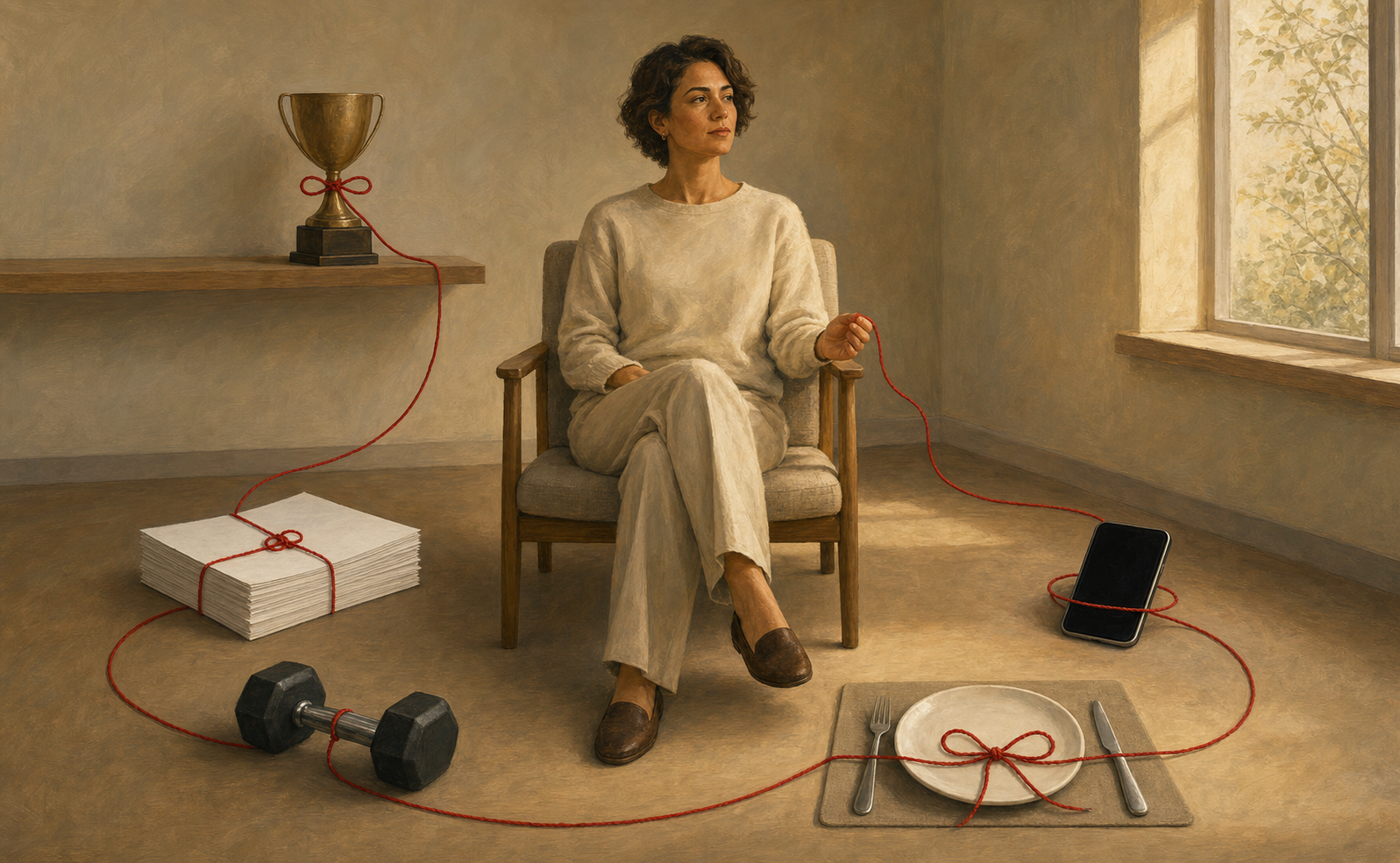 A seated person calmly holds a crimson thread that loops and knots around an award, blank papers, a phone, a weight, and a place setting.