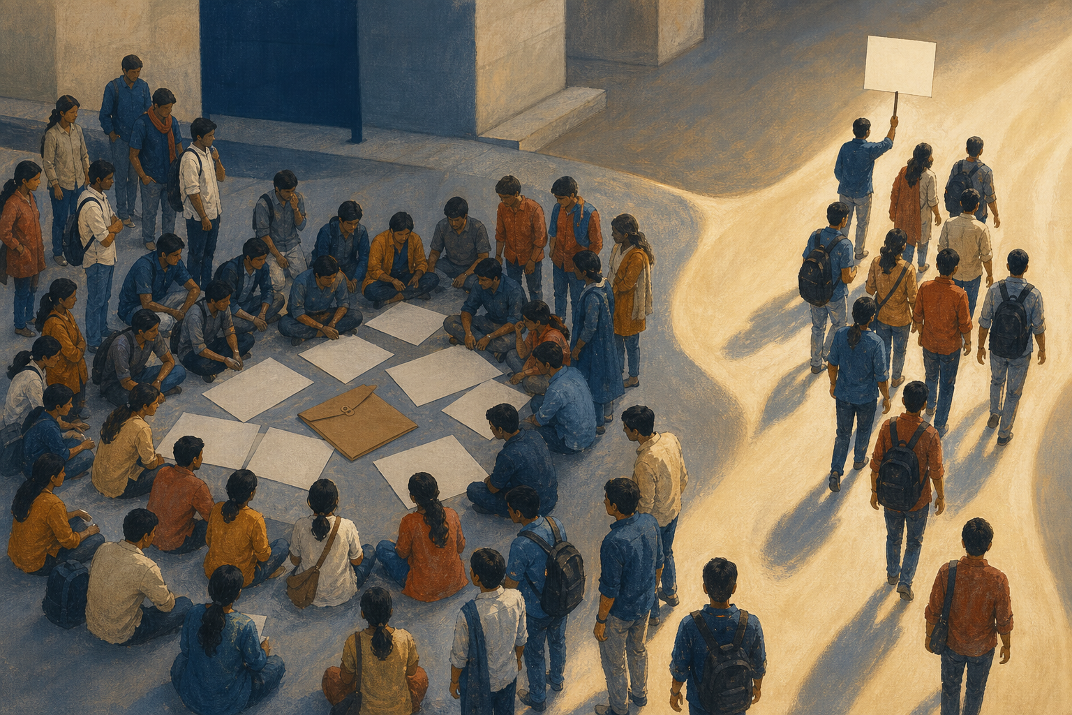Conceptual illustration of a student protest splitting into a large group focused on examination papers and a smaller group following a contrasting blank placard.