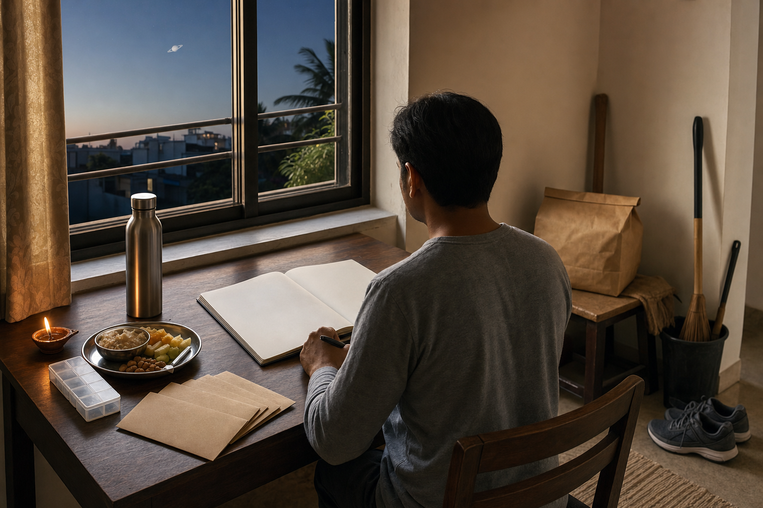 A person at a tidy dawn workspace sits beside a blank planner, savings envelopes, healthy food, walking shoes, an oil lamp, and a donation parcel.