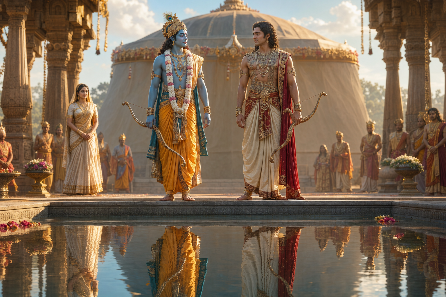 Krishna and Arjuna stand with lowered bows beside the reflection pool after the contest, facing each other with mutual respect.