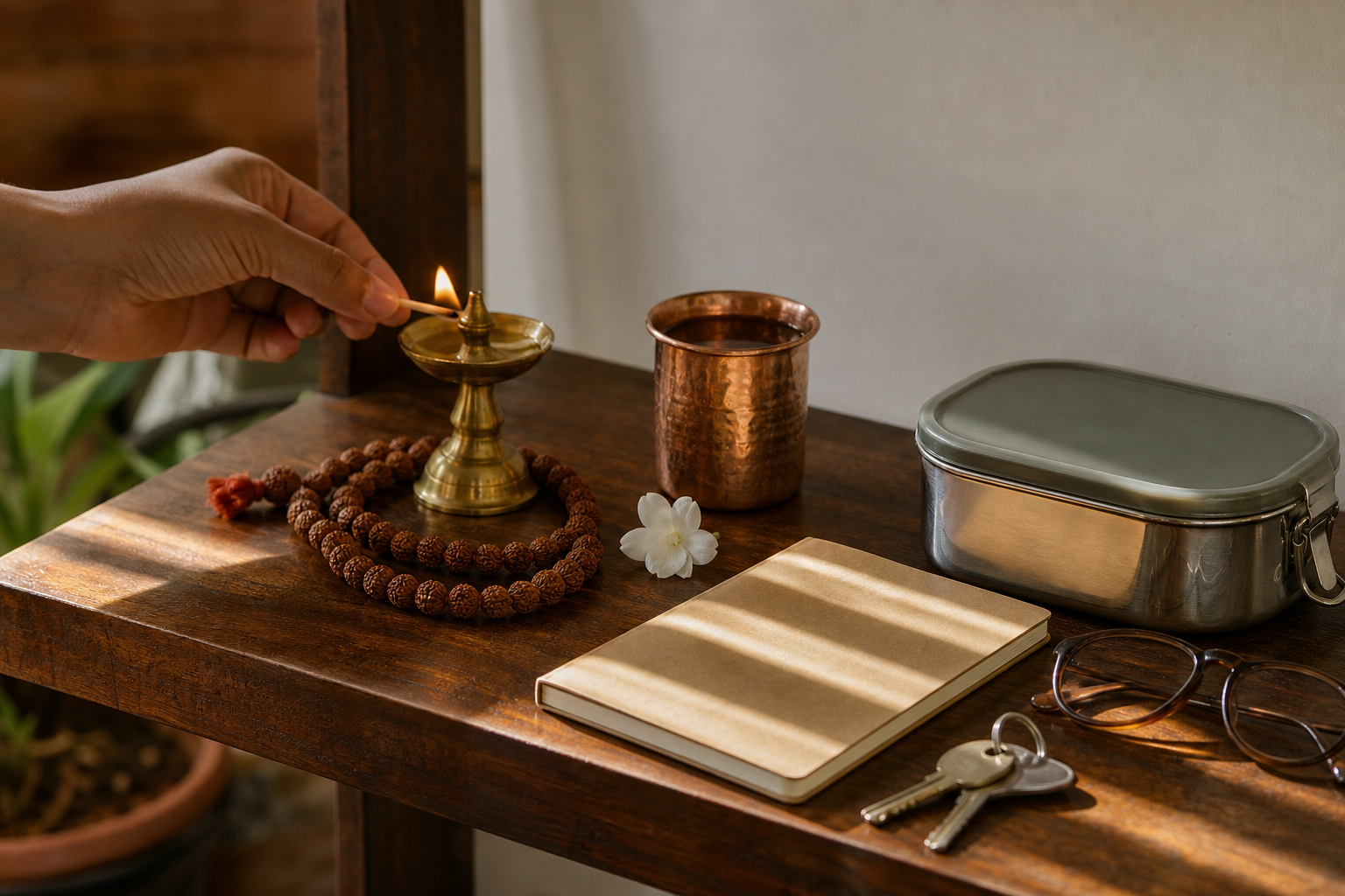 A family home with a small prayer corner, a person in quiet morning practice, and another preparing food staples for community service.