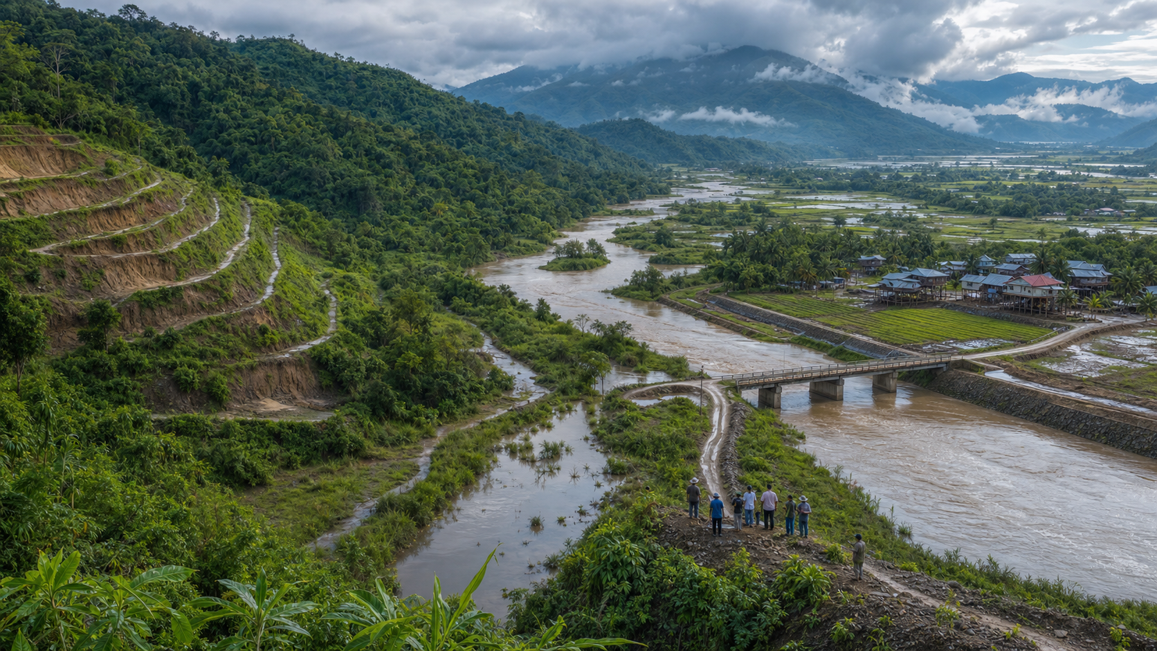 A restored hill-to-floodplain watershed includes stabilized slopes, vegetated streambanks, wetlands, an open bridge channel and raised homes beside the river.