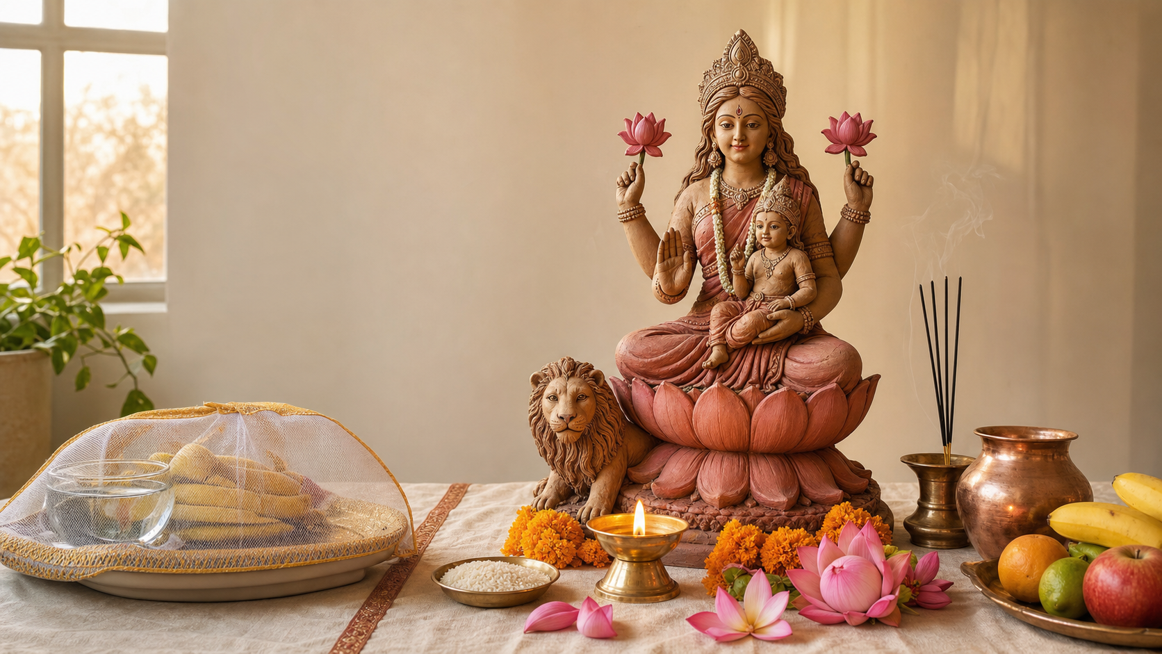 A Skandamata murti with infant Skanda stands on a home altar beside a brass lamp, copper water vessel, flowers, rice, bananas, and other fruit.