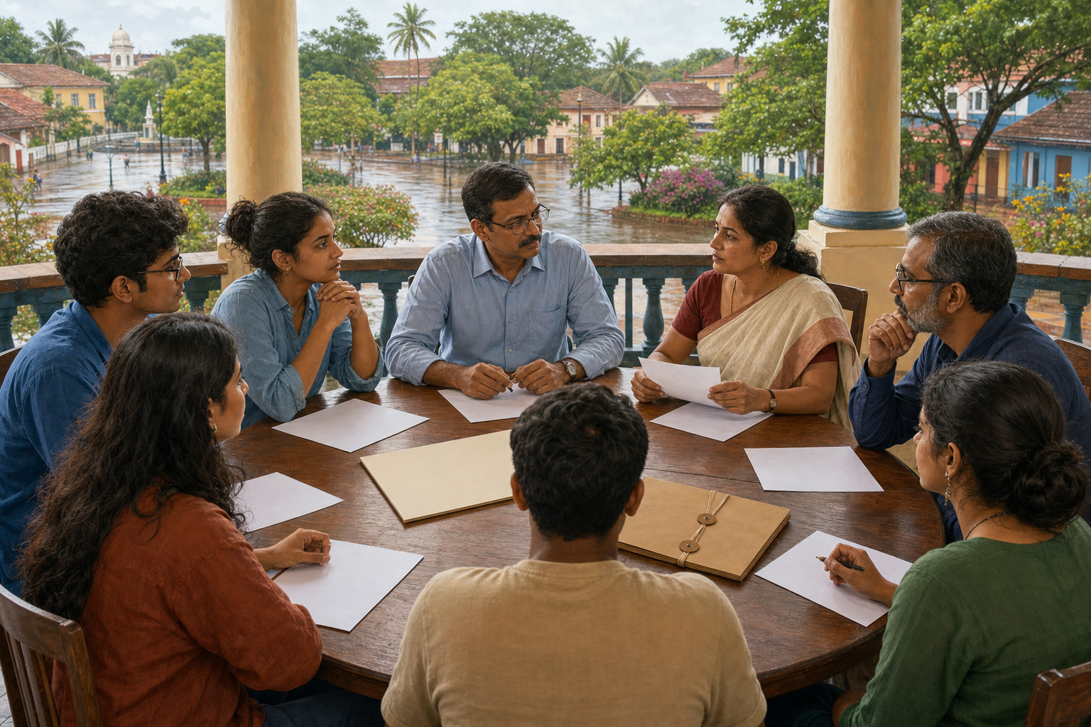 Illustration of students, an educator, an administrator, a legal observer, and a journalist reviewing blank documents and a placard around a circular table.