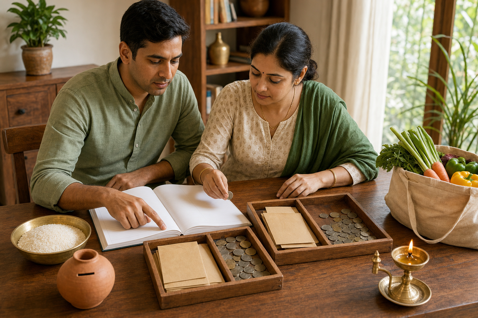 Two people sort household money into unmarked bowls beside a blank ledger, groceries, a key, and an emergency savings box.