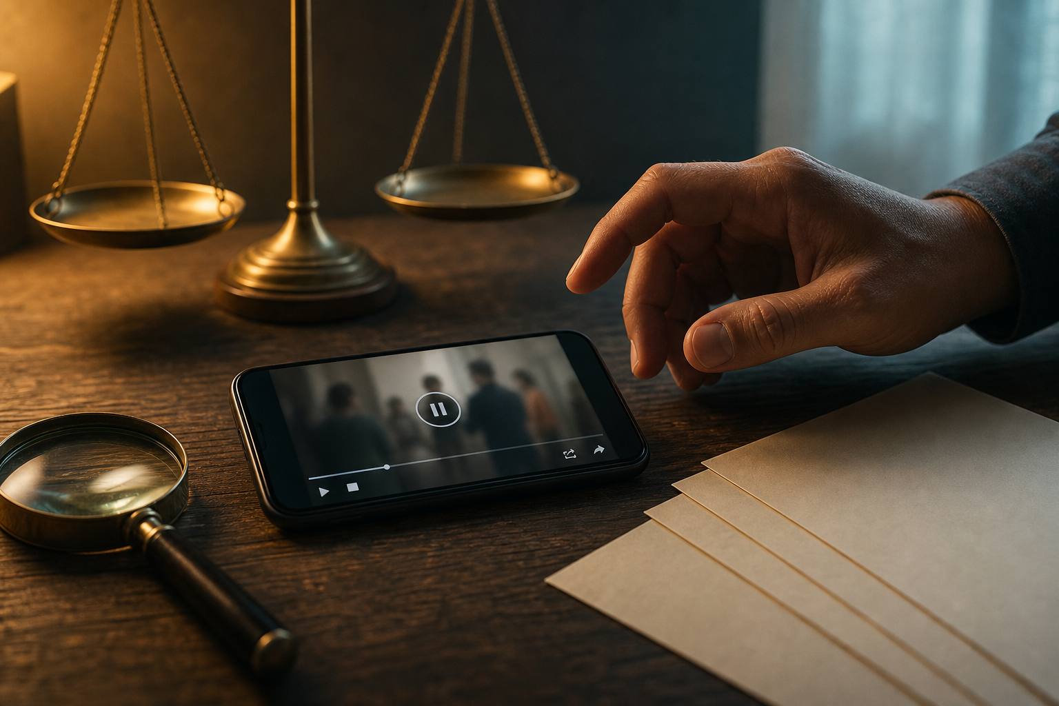 A hand pauses above a smartphone beside a magnifying glass, unmarked documents, and balanced brass scales on a wooden table.