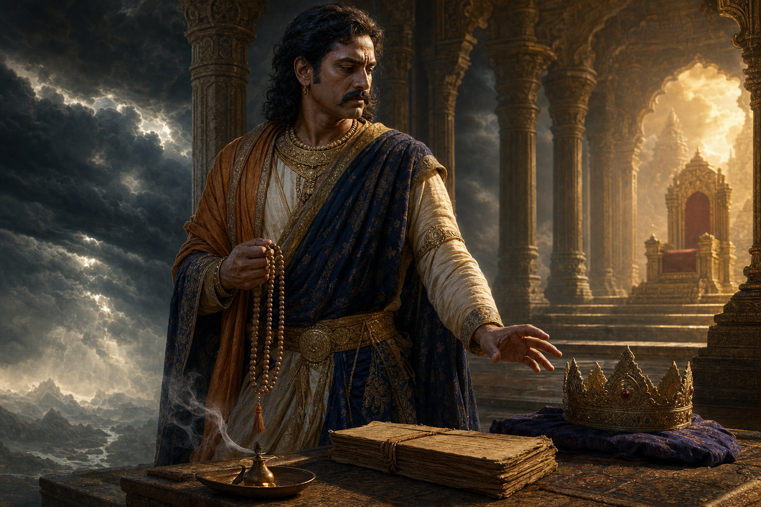 King Nahusha holds prayer beads beside a crown and Vedic manuscript in a storm-lit celestial throne hall.