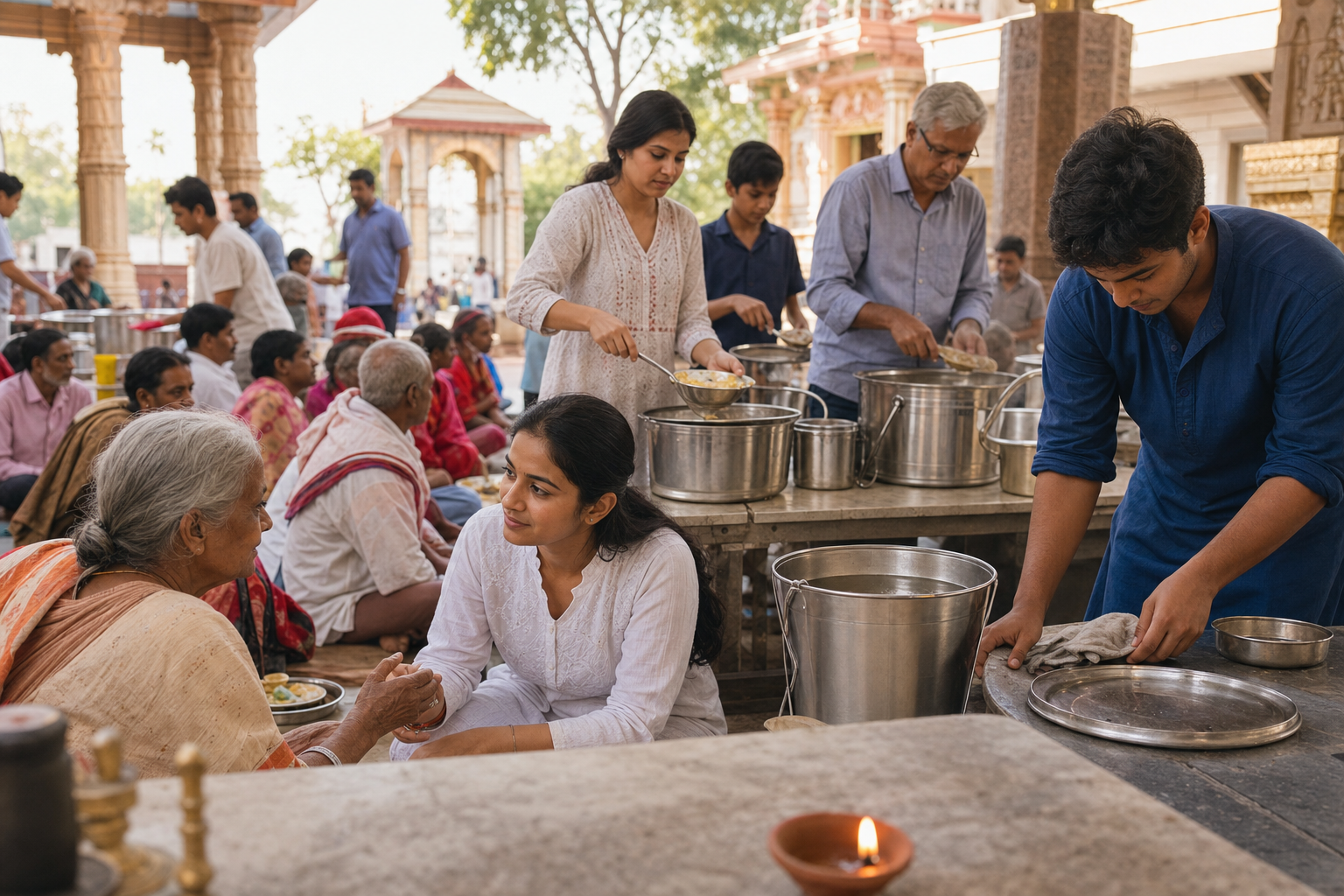 Volunteers serve a simple community meal, listen to an elderly guest, and clean the courtyard beside a small oil lamp.