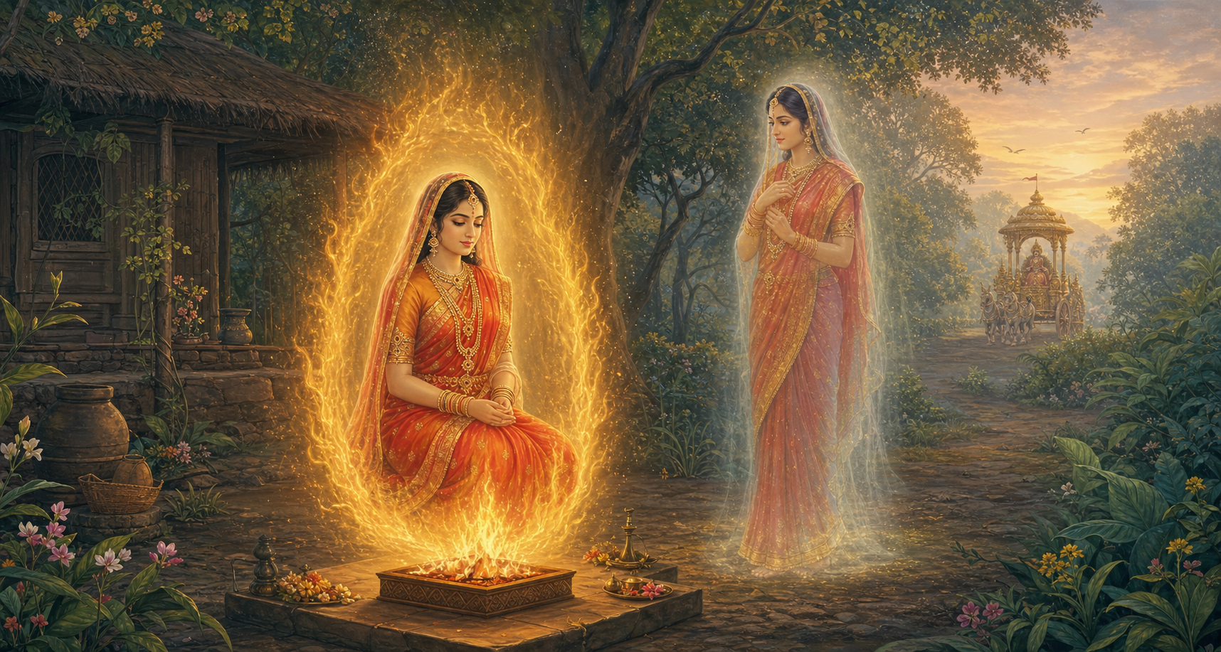 Sita appears in two manifestations beside a sacred fire in a forest clearing while a distant royal chariot approaches.