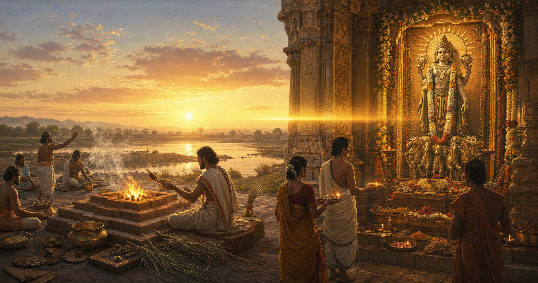 A divided scene shows a Vedic fire rite beneath the rising sun on one side and worshippers approaching a sculpted solar deity in a temple shrine on the other.