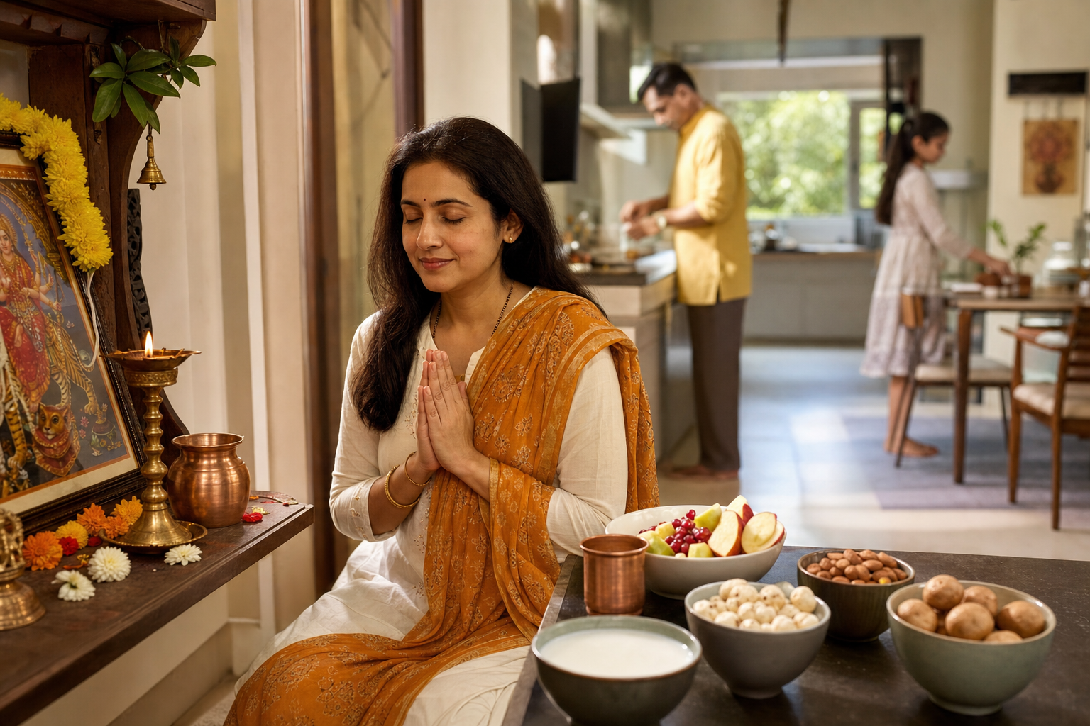 A devotee prays beside a simple lamp and water vessel while fruit, milk, nuts and root vegetables are prepared in a home kitchen.