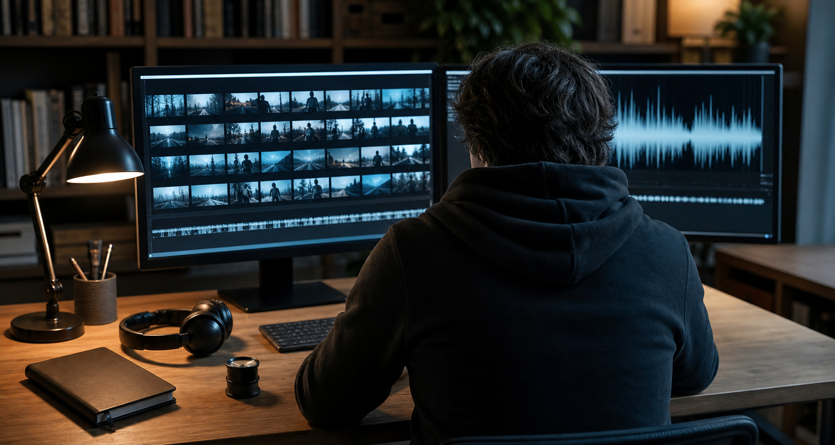 An investigator examines anonymous video frames and audio waveforms on two monitors in a quiet study.