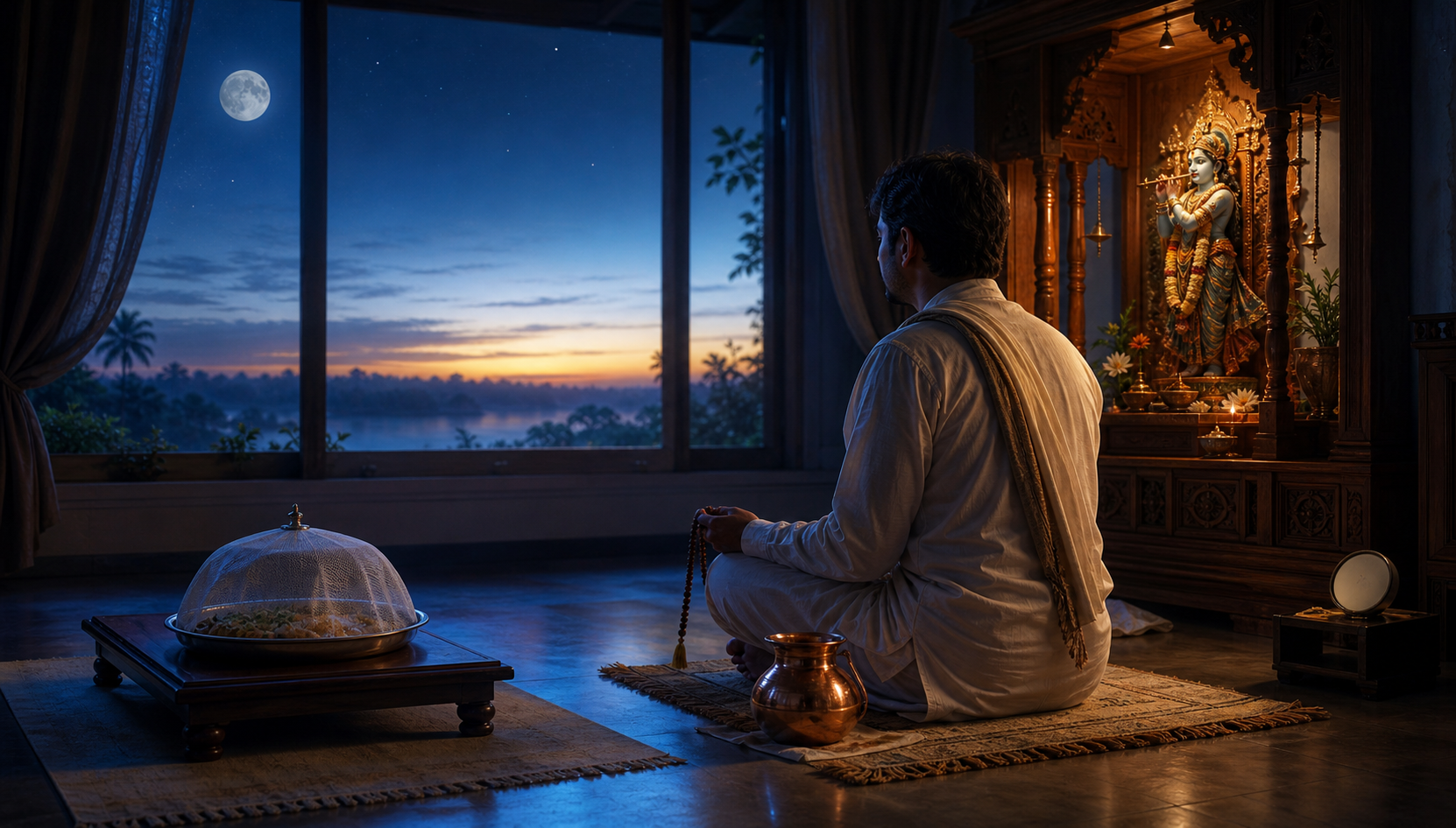 A fasting devotee sits in prayer before sunrise as the moon remains visible, with a covered meal waiting nearby for parana.