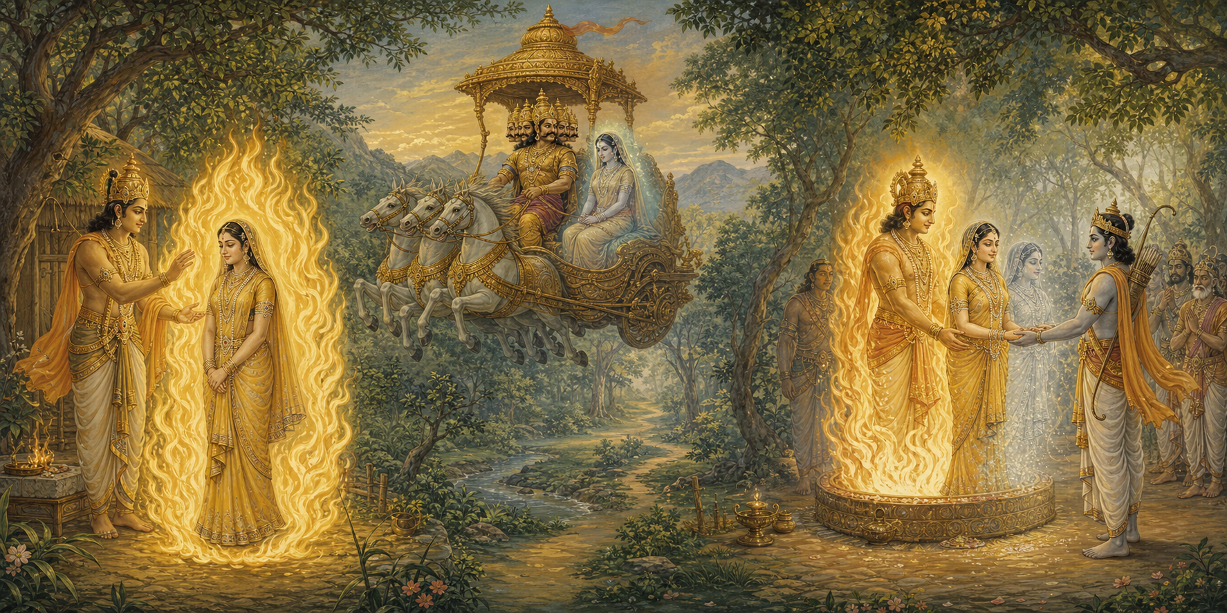 A continuous scene shows Agni protecting Sita, Ravana taking a shadowlike substitute, and Agni later returning the protected Sita to Rama.