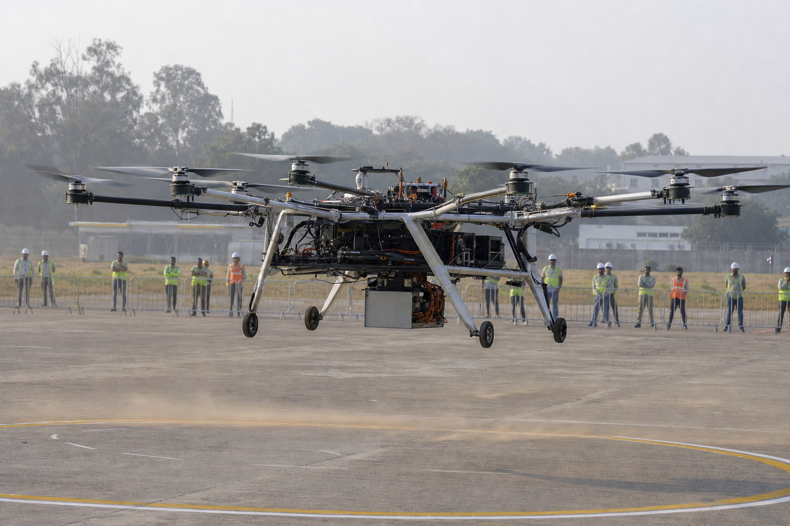 An uncrewed multi-rotor electric aircraft holds a low hover above a controlled test apron while engineers observe from behind a safety barrier.