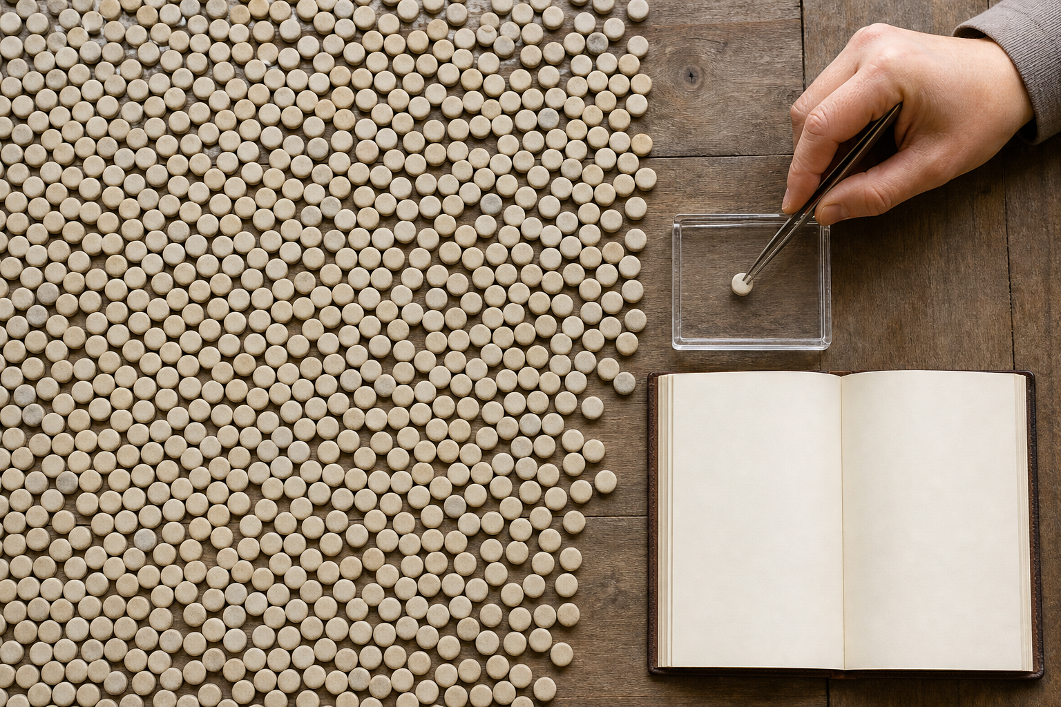 A researcher uses tweezers to place one ceramic counter into a sampling tray beside an unmarked ledger and many counters.