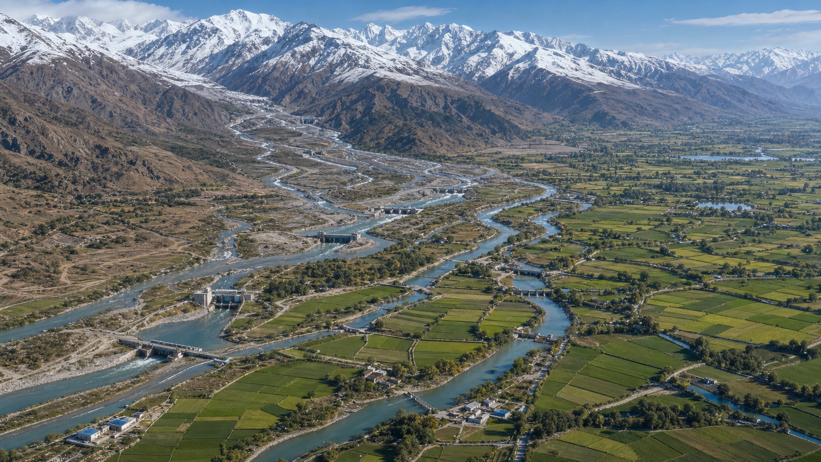 Himalayan rivers flow through hydropower structures, canals and irrigated farmland across a broad river basin.