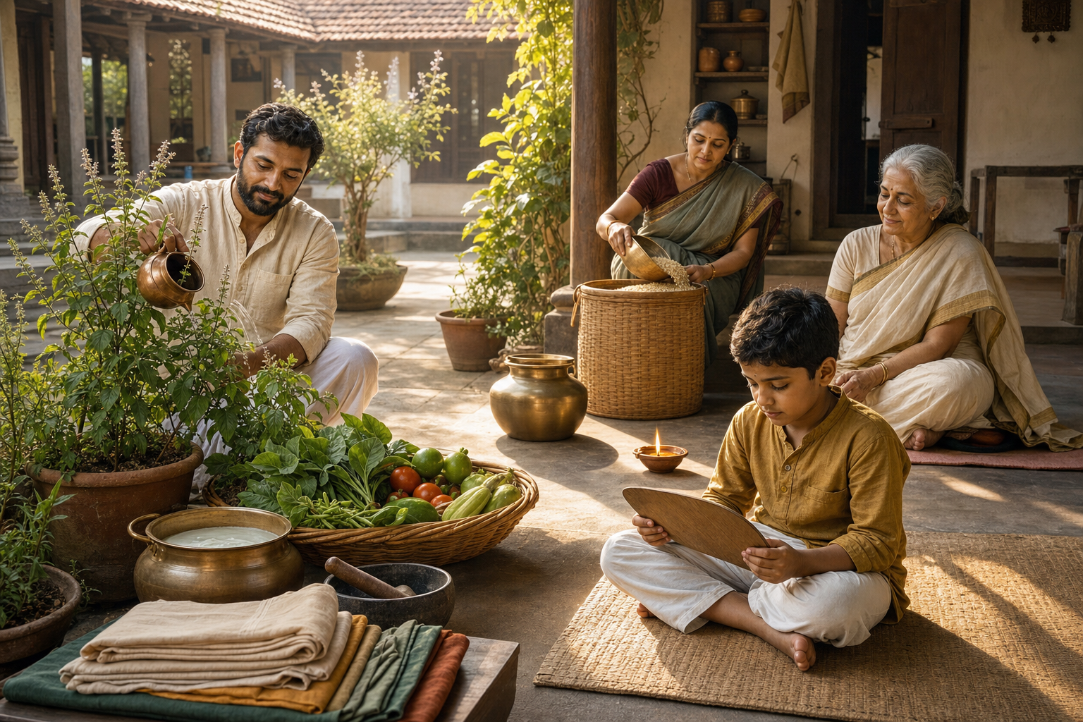 Three generations care for herbs, grain, household tools, and one another in a peaceful sunlit courtyard.
