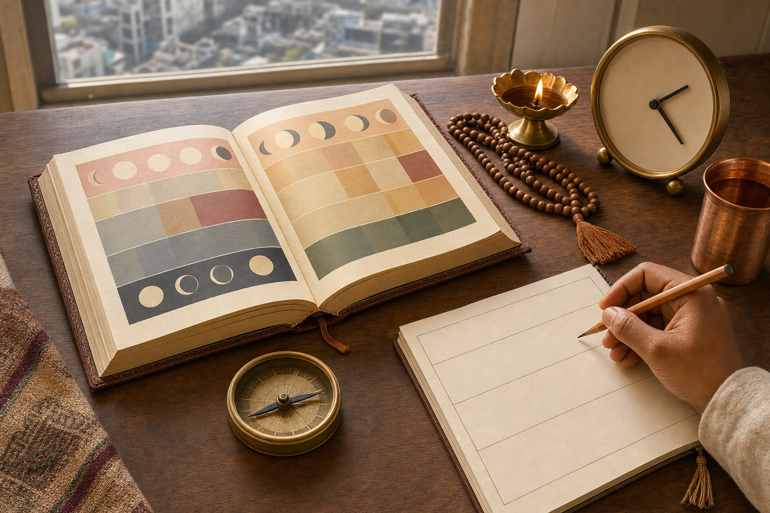 An open almanac, blank ruled notebook, pencil, unmarked clock, prayer beads and brass lamp are arranged on a wooden table.