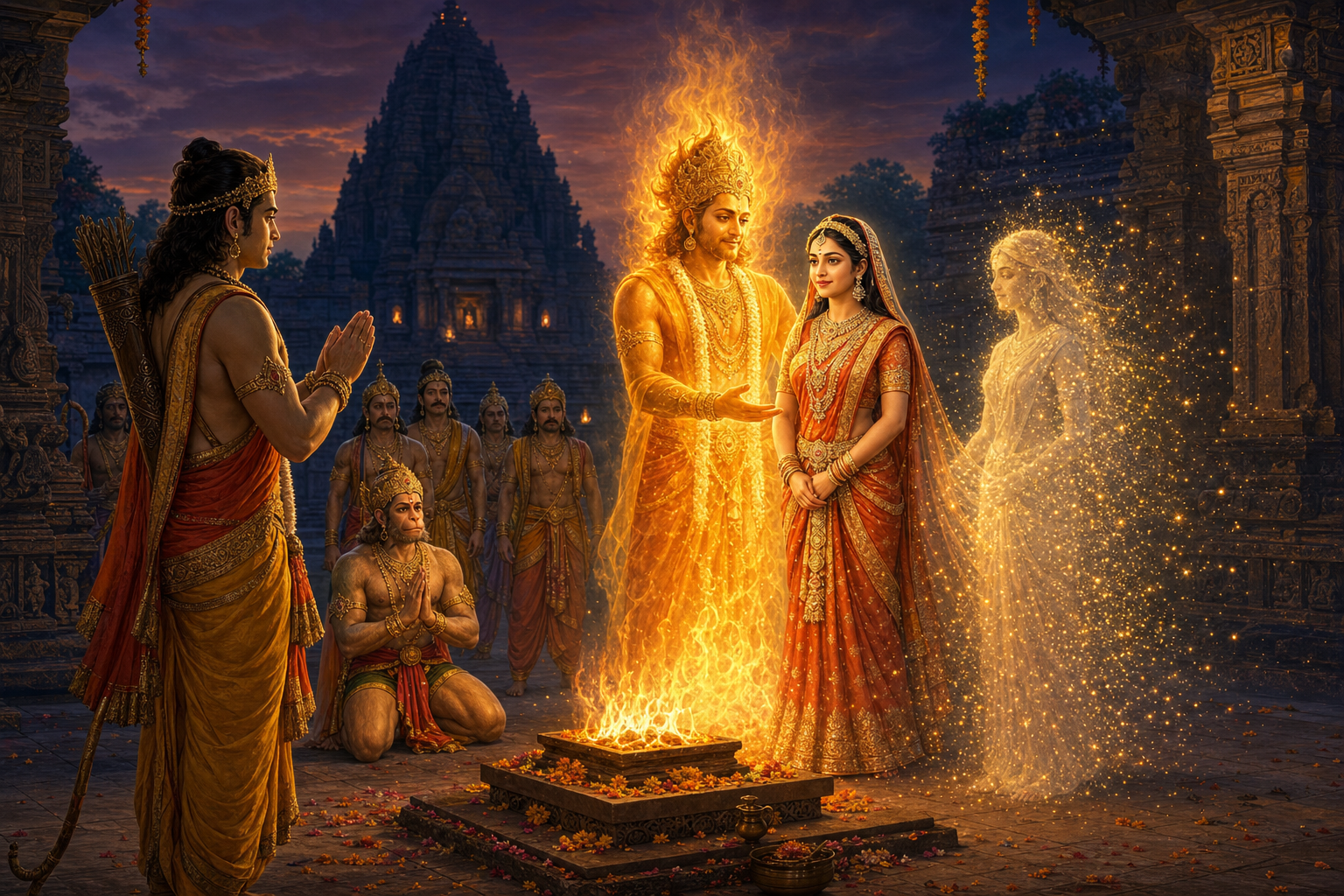 Agni presents an unharmed Sita to Rama as a pale duplicate form dissolves into sparks beside the ceremonial fire.