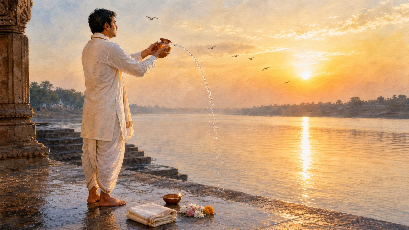 A person offers water from a copper vessel toward the rising sun beside a small lamp and flowers on a quiet riverside terrace.