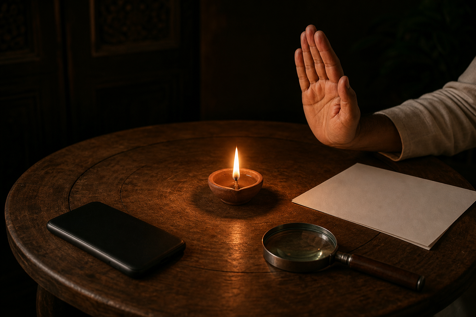 A lit clay oil lamp sits beside a face-down phone, a magnifying glass, blank paper, and a raised open hand.