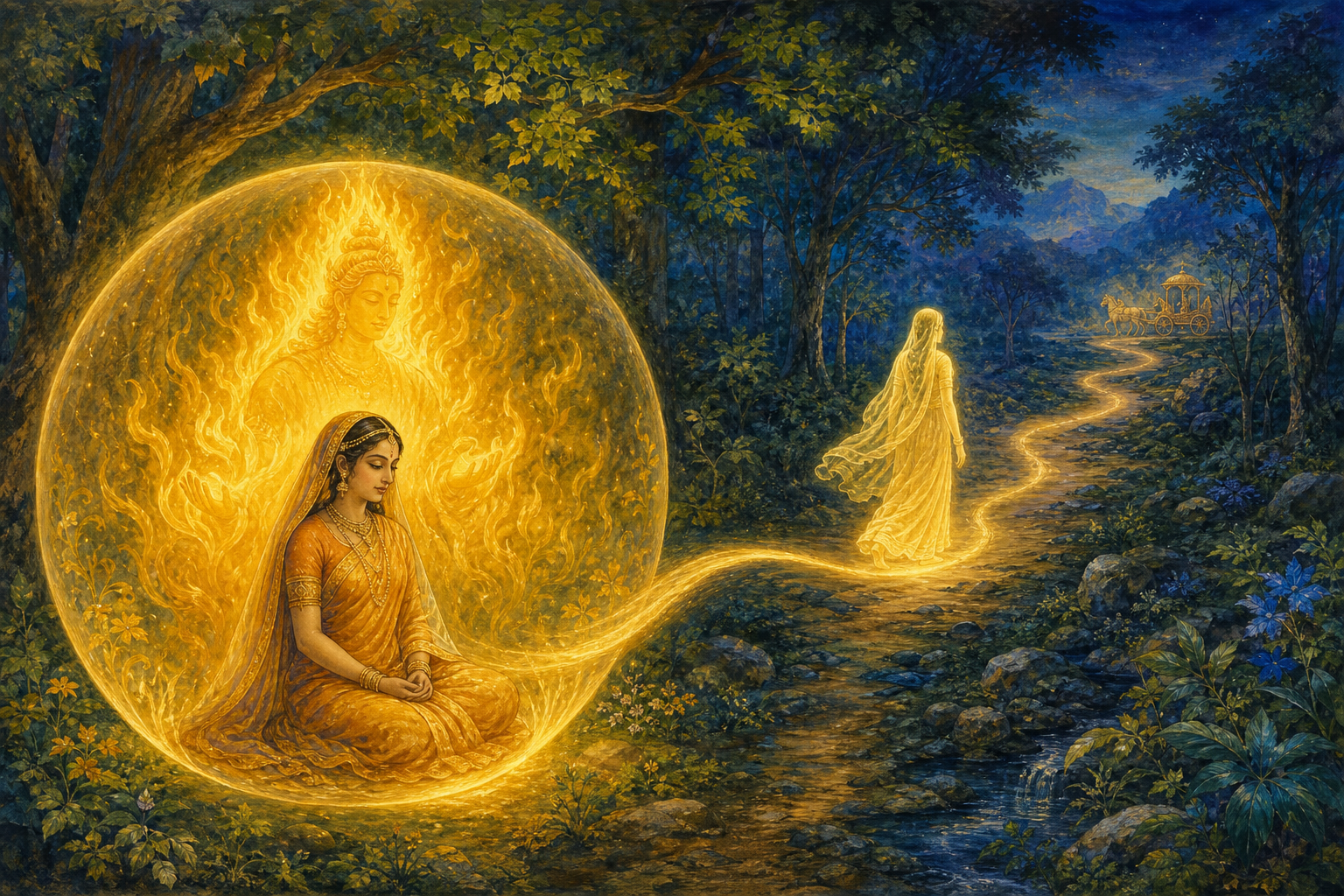 Sita rests inside a golden protective sphere while a luminous double follows a forest path toward a distant chariot.