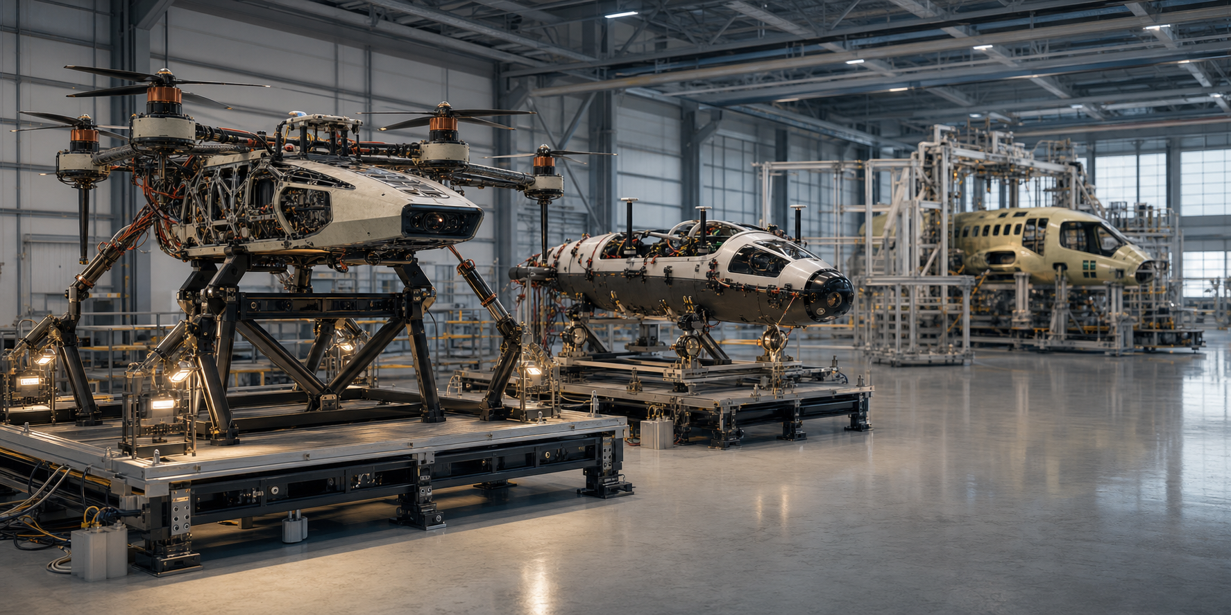 A conceptual hangar scene shows a hover test rig, an instrumented uncrewed prototype, and an incomplete cabin-equipped airframe as separate development stages.
