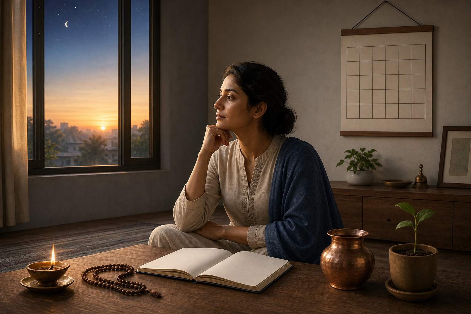 A person reflects beside a blank notebook, prayer beads, a lamp, a copper vessel, and a sprouting plant in soft morning light.