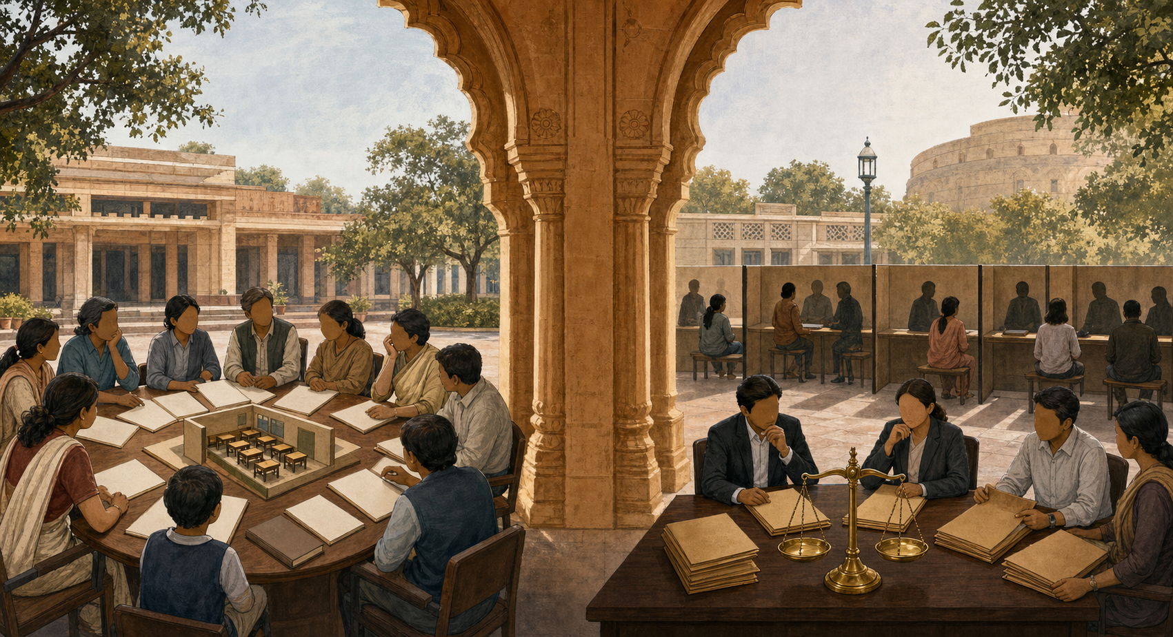 A divided civic scene shows an education consultation on one side and a separate legal review with scales and unmarked files on the other.