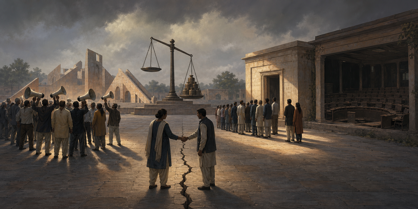 A city-square illustration shows a handshake over cracked paving, megaphones casting long shadows, a tilting scale and an empty council chamber.