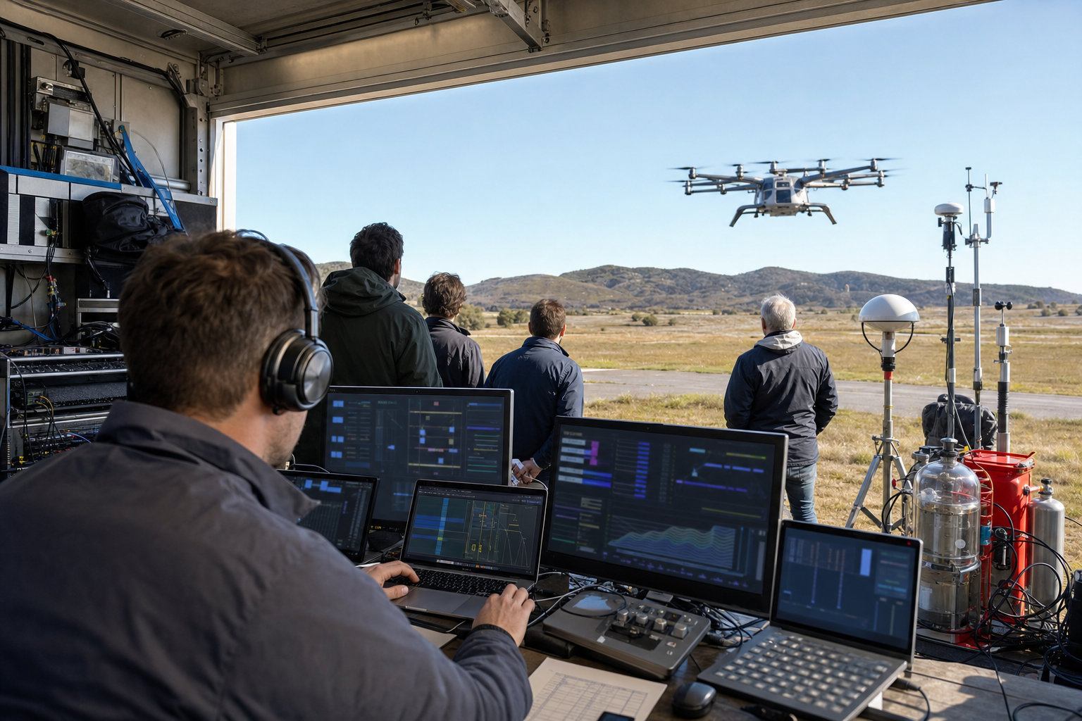 Engineers monitor an uncrewed electric VTOL prototype from an instrumented control shelter during a restricted flight test.