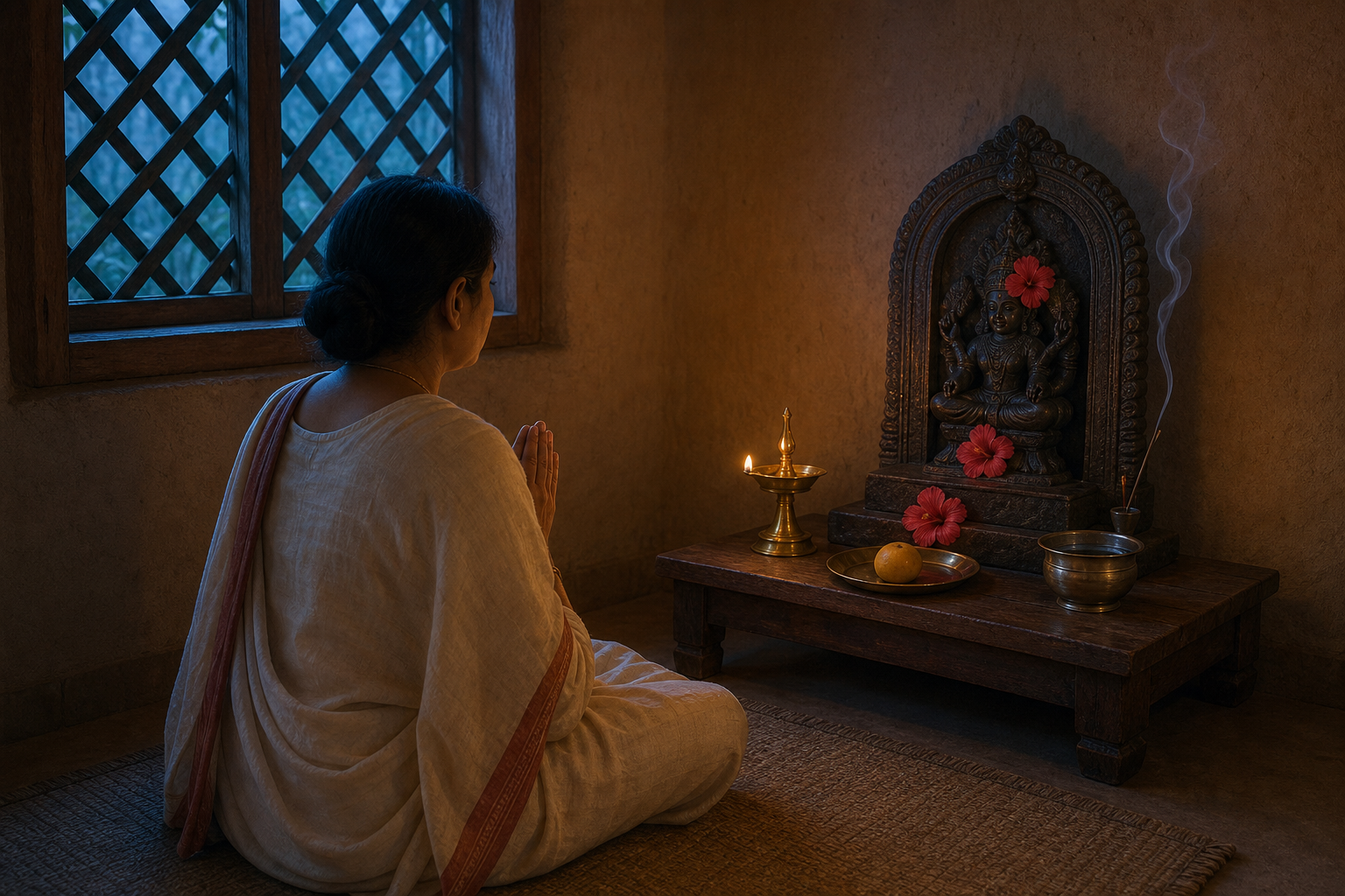 A devotee performs simple dawn worship before a small Bhadrakali shrine with an oil lamp, water, hibiscus flowers, incense, and fruit.