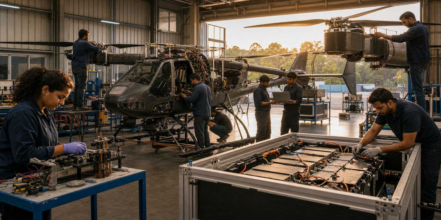 Indian engineers and technicians inspect an instrumented electric VTOL demonstrator and its propulsion components inside an aerospace development hangar.
