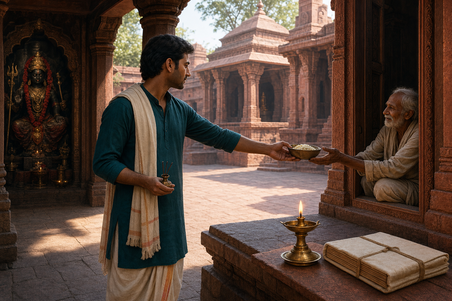 A devotee in a temple courtyard stands near a wrapped manuscript and a steady brass lamp while offering a bowl of food to an elderly visitor, with a Bhadrakali shrine in the background.