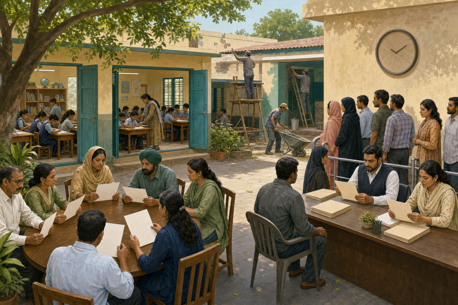 Teachers, students, community reviewers and legal officers carry out separate education, oversight and case-review work in a sunlit school courtyard.