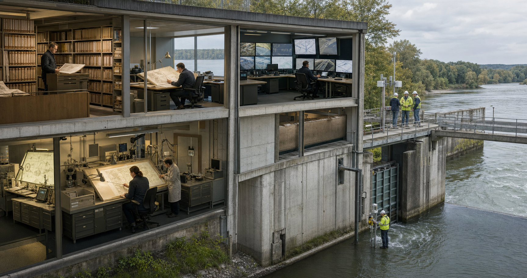 Engineers and administrators work among river-control equipment, document archives and field-monitoring systems.