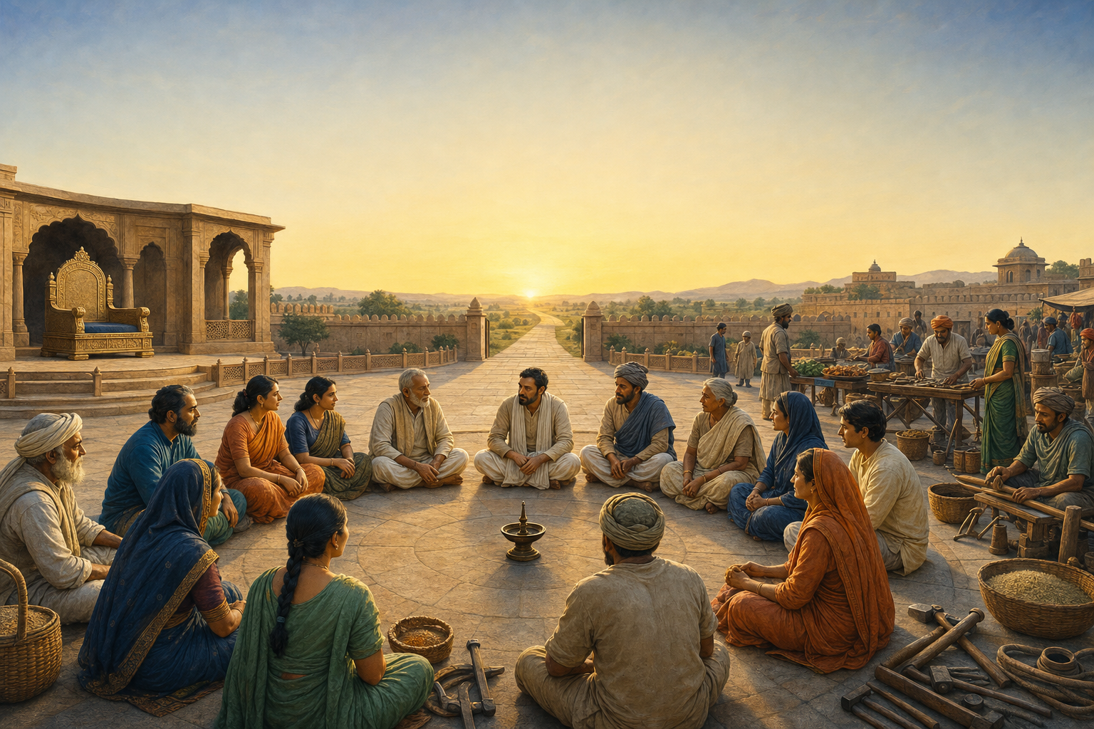 Citizens and a public leader sit together in a circular courtyard surrounded by an empty throne, a maintained pathway, market goods, and a distant sunrise.
