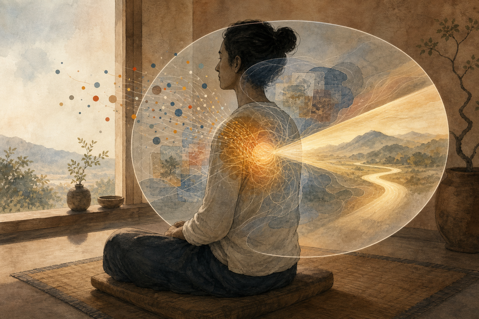 A seated person is surrounded by connected abstract forms representing sensory impressions, memory, self-reference, and discernment.