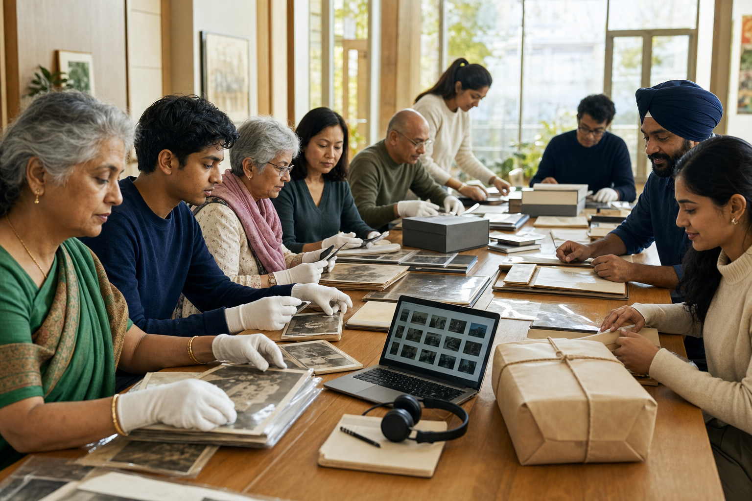 Elders and younger volunteers from several Dharmic communities preserve photographs, recordings, and documents together at an archive table.
